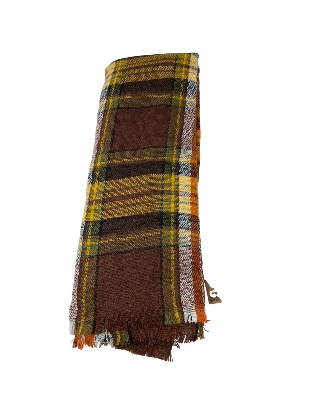 Look Blanket Scarf One Size Wool Blend Plaid Brown Yellow Square 80" NEW